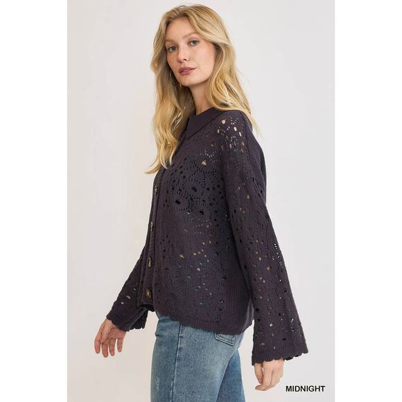 Umgee Crochet Button Down Long Sleeves Oversized Casual Knit Cardigan | Midnight - Picture 2 of 6